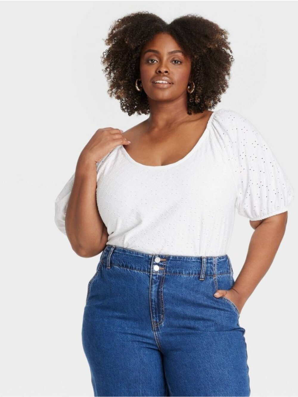 Ava Viv 1X Womens Peasant Top Puff Short Sleeve Eyelet Scoopneck White